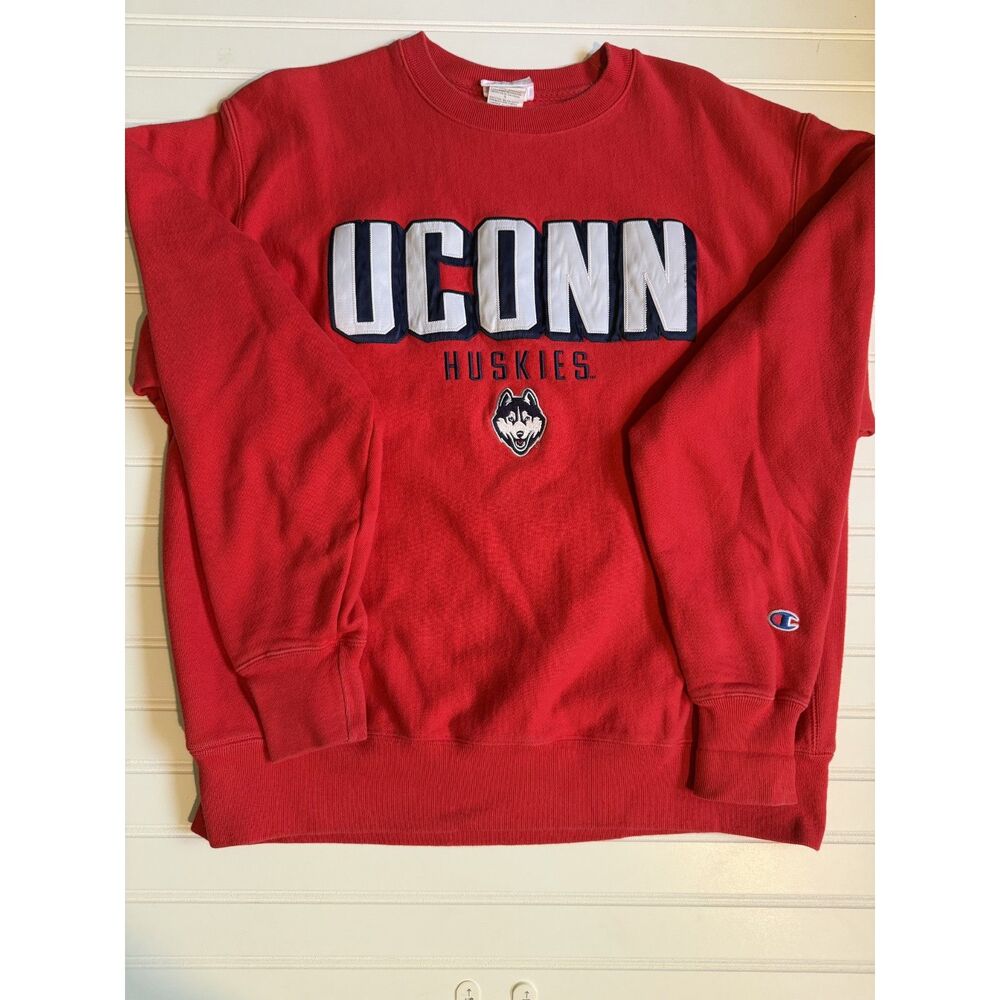Champion Reverse Weave UConn Huskies Applique Crewneck Sweatshirt Large Red